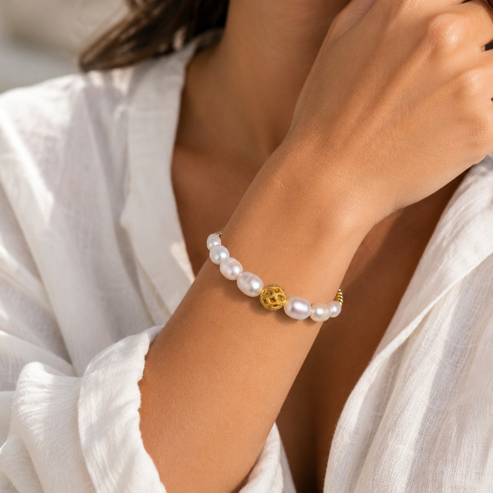 Freshwater Pearl Gold Bead Stretch Bracelet White Baroque Filigree Accent